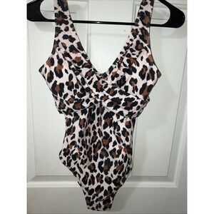 ILMAGE NWT M Brown Cheetah Leopard Print One Piece Swim Rouche Top Sexy High CUT